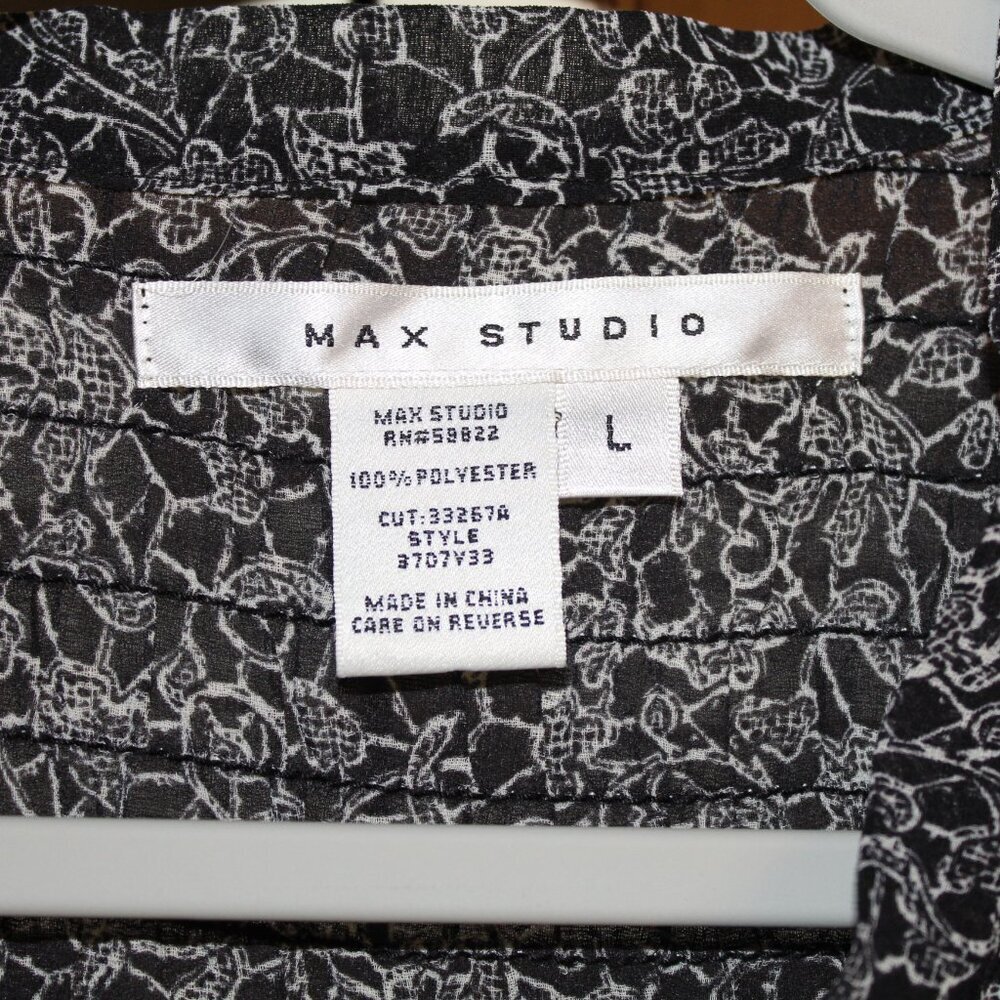Max Studio black‎ and white long-sleeve tie-neck tunic style blouse L - Picture 3 of 4